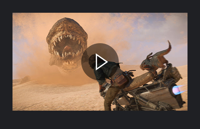 An image of Kay Vess and Nix riding a speeder bike while a giant creature emerges from the sand. Play button icon overlay.
