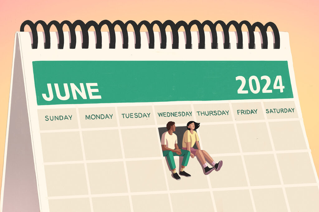 An illustration of a June 2024 calendar with a spiral bound. Two friends are sitting in one of the calendar days. The numerical days are left blank but the days of the week are listed at the top. 