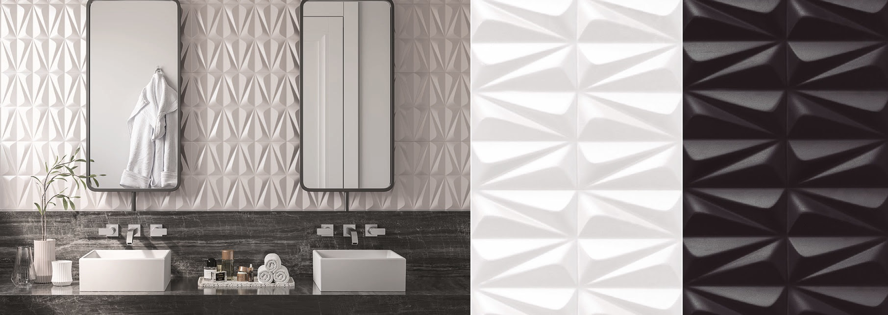 Os insertos da Série Ludo, da Incepa, apresentam um relevo 3D geométrico suavemente ondulado, são retificadas, com encaixe perfeito para juntas imperceptíveis e a continuidade do relevo. O efeito tridimensional das peças se torna ainda mais belo com a incidência da luz e são apresentados nas dimensões 32 x 59 cm em duas versões para paredes internas: branco, nas opções acetinado e brilhante, e o preto apenas com o acabamento acetinado | Imagens: divulgação