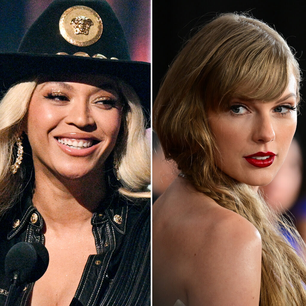 A diptych of Beyoncé, left, wearing a black cowboy hat, and Taylor Swift, bareshouldered, wearing red lipstick, her hair gathered around her right shoulder.