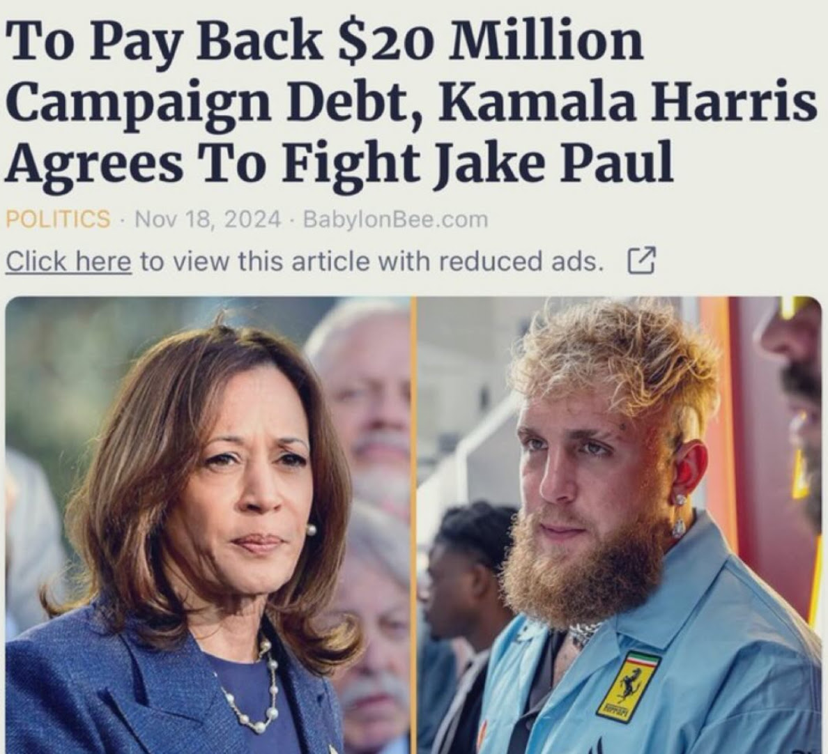 Fake headline saying Kamela will fight Jake Paul.