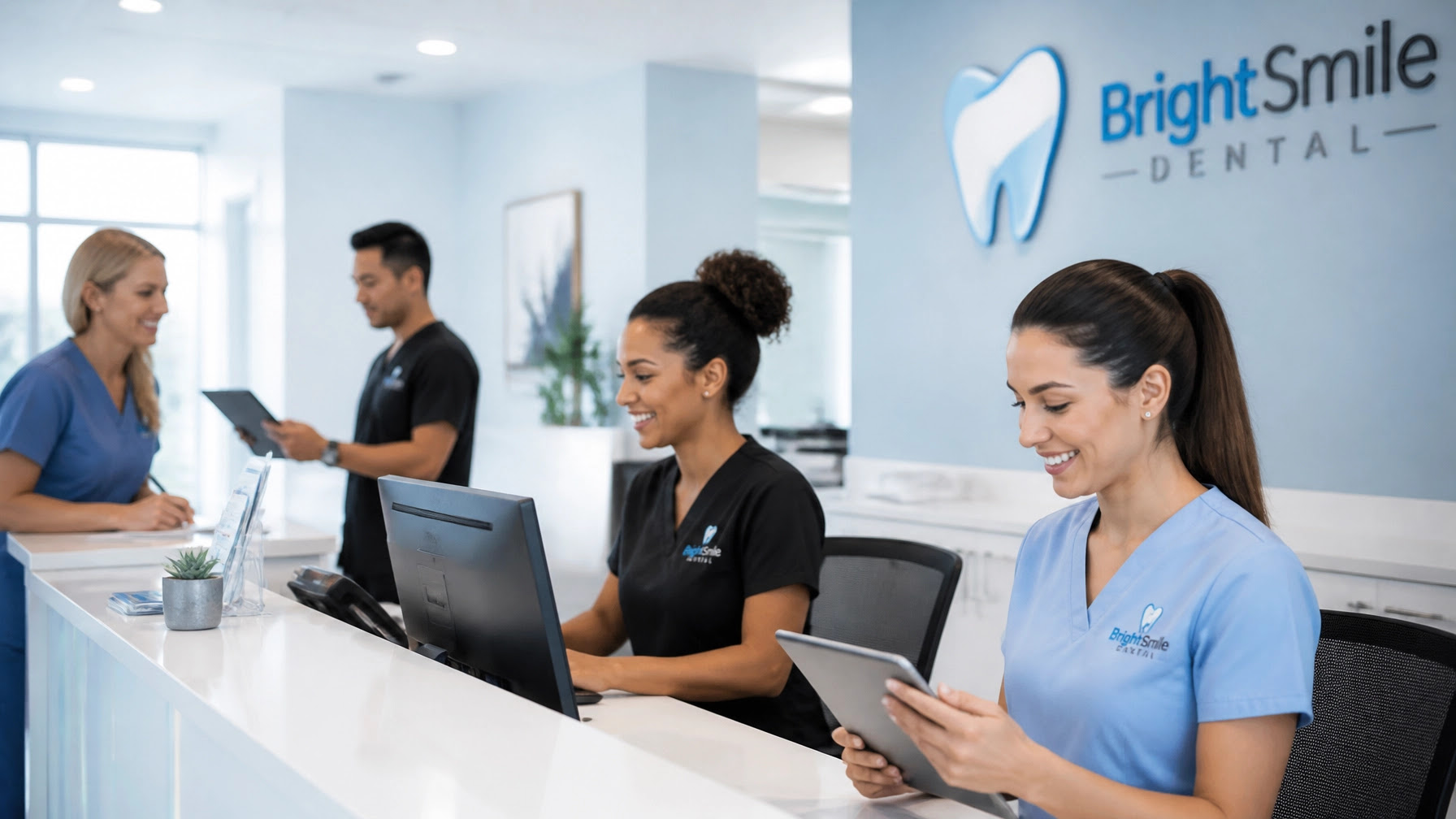 Professional dental front office team in a modern clinical setting with blue accents Professional dental front office team in a modern clinical setting with blue accents
