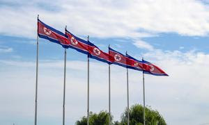 Banderas de Corea del Norte ondeando en Pyangyang.