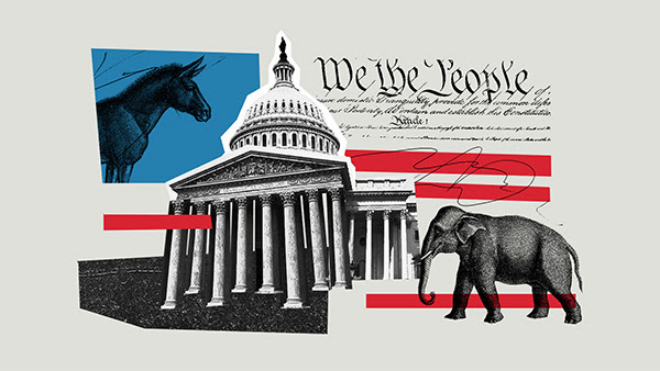 A red, white, and blue collage of a donkey, elephant, courthouse, capitol building, along with the preamble of the U.S. Constitution