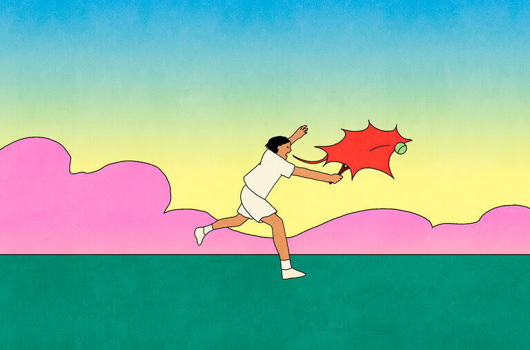 An illustration of a tennis player leaping to hit a tennis ball. A red starburst speech bubble comes from the player’s mouth covering most of the racket. The sky is a blue-and-yellow gradient. 