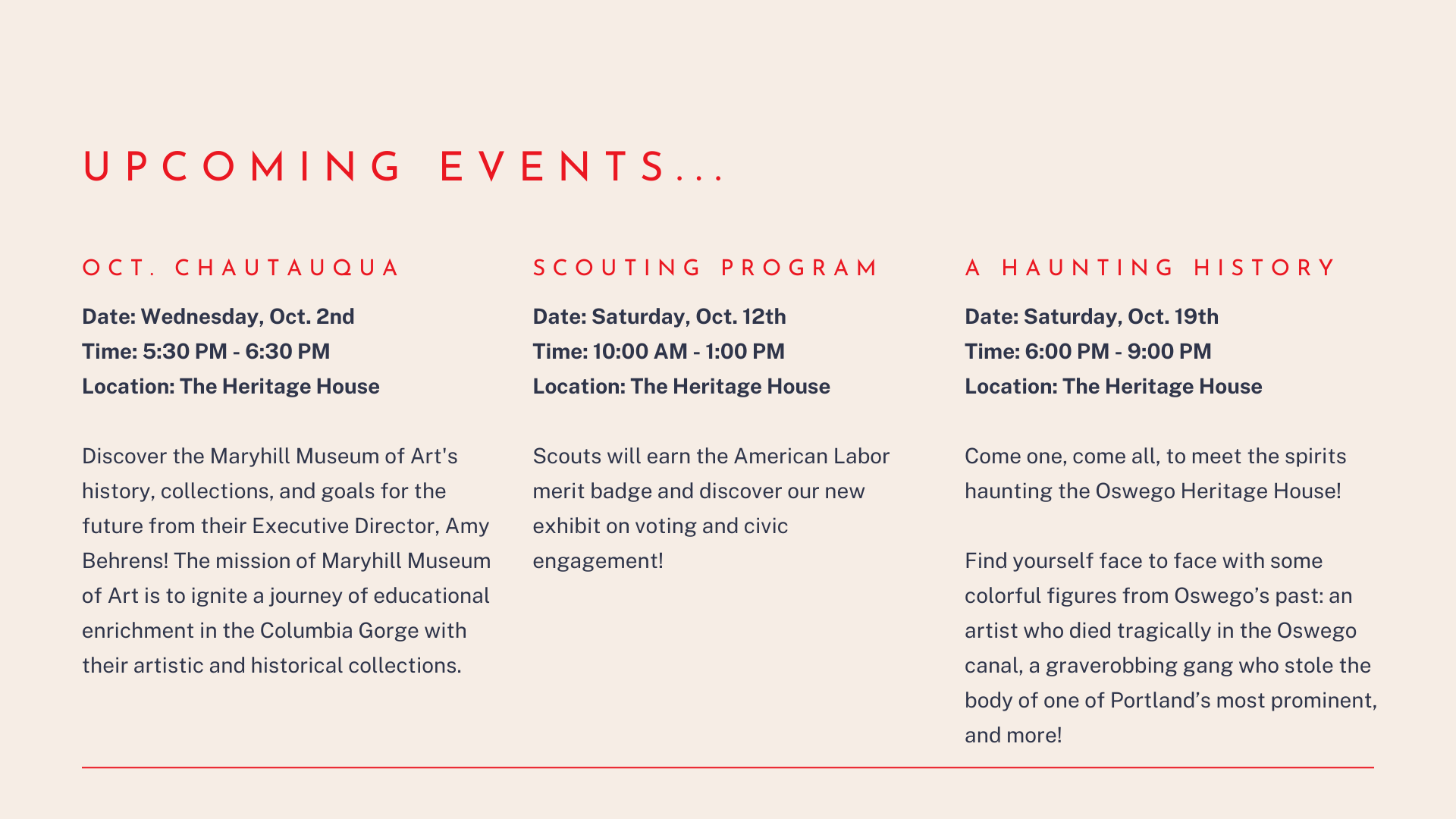 Upcoming events: October Chautauqua, scouting program, a haunting history