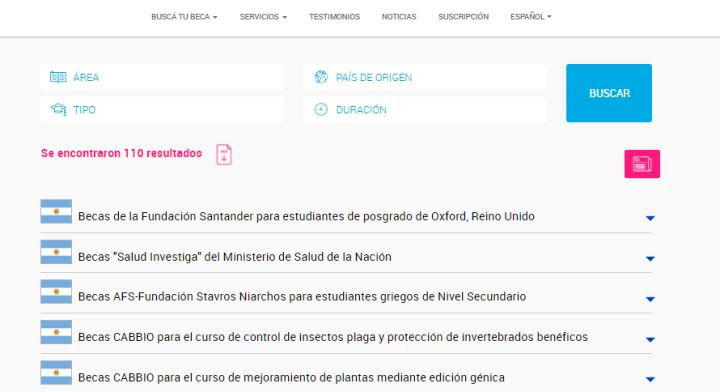 Ejemplo de la sección Estudia en Argentina.