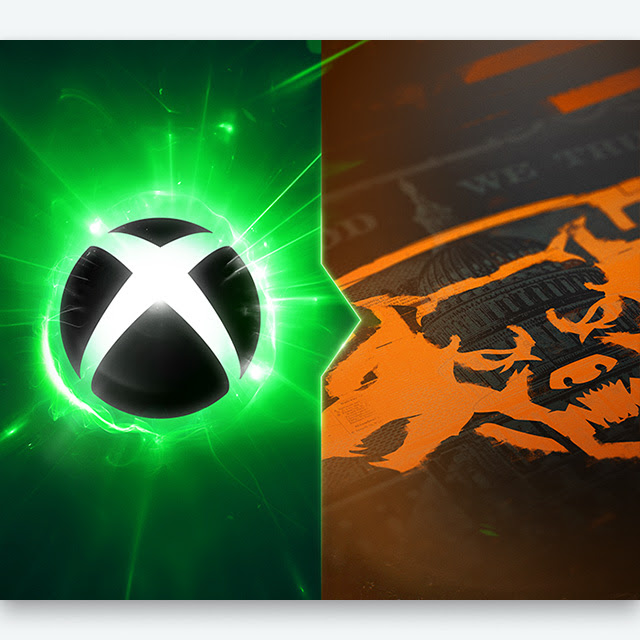 The Xbox Sphere logo surrounded by crackling energy and beams of light next to the Call of Duty: Black Ops 6 multi-headed dog logo.