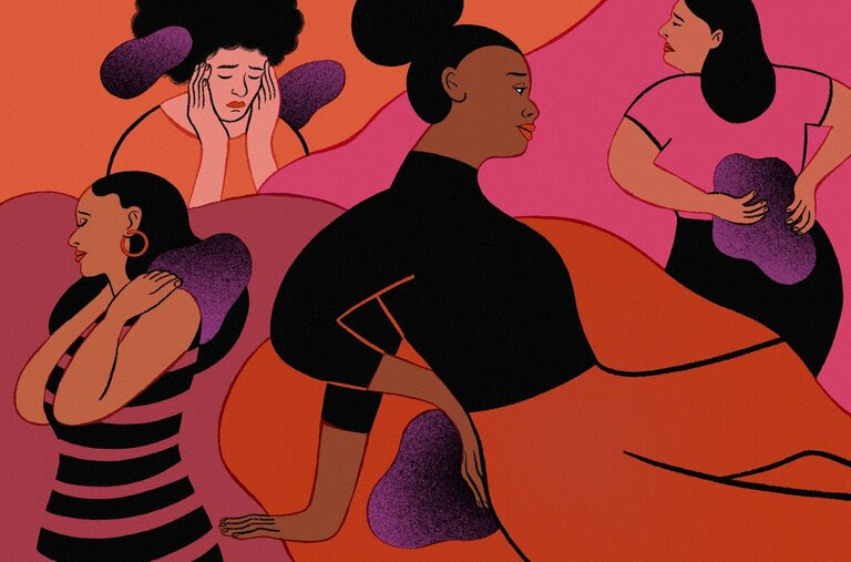 An illustration of four women in different poses that express pain. One holds her lower back, another, her shoulders. There's a background of pink, orange and red, with dark purple organic shapes resting on the bodies to represent pain. 