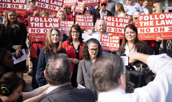 Mary Catherine Martin, Thomas More Society senior counsel, and foes of Missouri&#x27;s pro-choice Amendment 3 gather outside the Missouri Supreme Court on Sept. 10, 2024. The court ruled that Amendment 3 will appear on the Nov. 5 ballot. (Photo courtesy Thomas More Society)