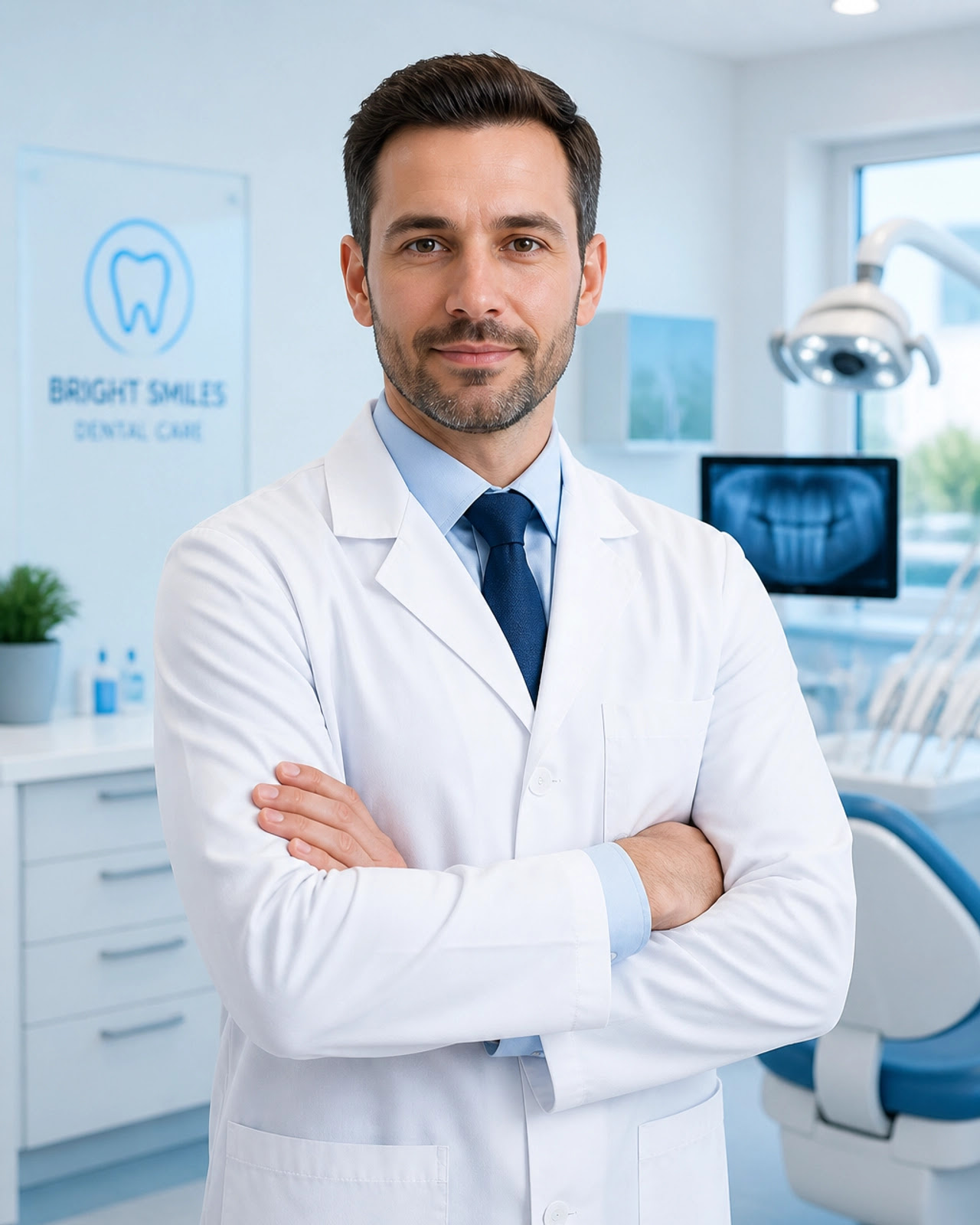 Professional dental expert standing in a clean blue-toned office Professional dental expert standing in a clean blue-toned office