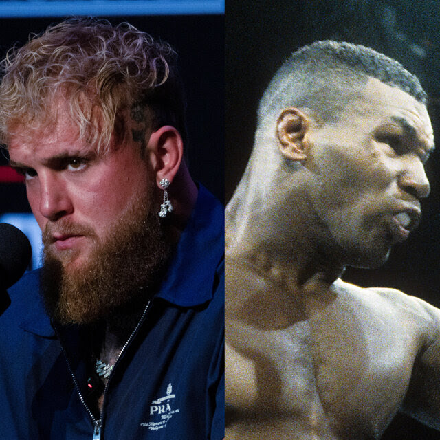 A diptych: at right, Jake Paul at a microphone; at left, Mike Tyson in a fight