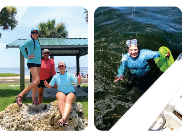 Two images of women recreating on the coast and scalloping in the ocean