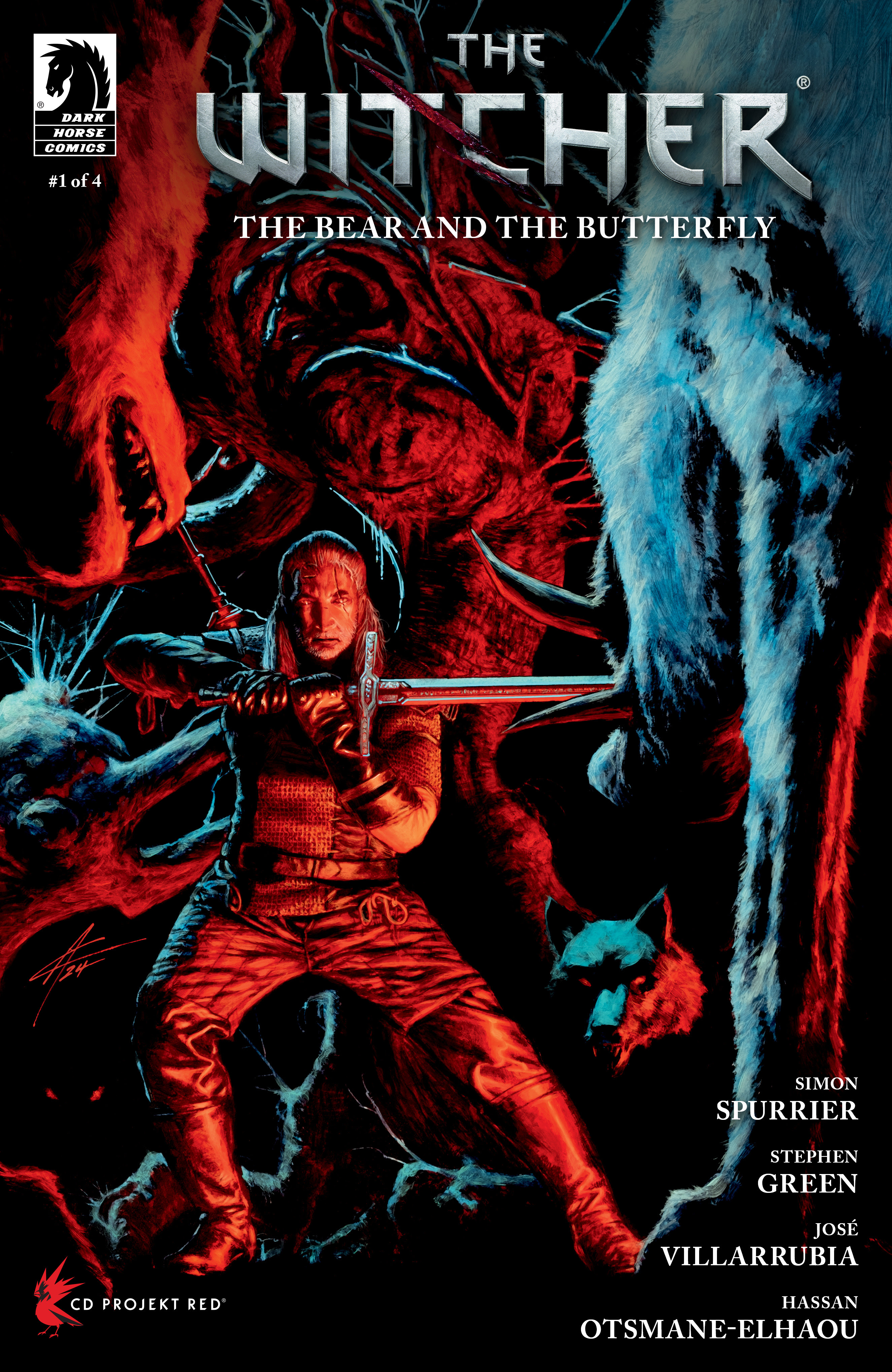 Aaron Campbell Variant Cover Featuring Geral poised ready to strike as several creatures encircle him next to an old knotted tree. Geralt is in hughs of red with the monsters shaded in blues