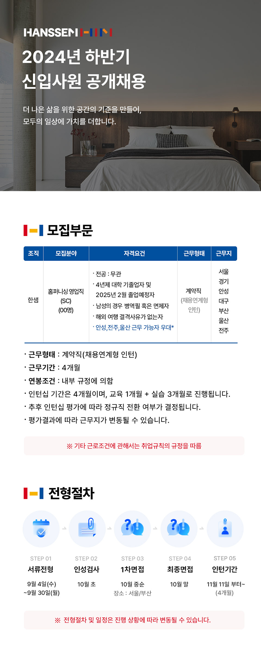 한샘/직매장교육팀/SC/TR 2024년 하반기 신입사원 공개채용(영업직 부문)