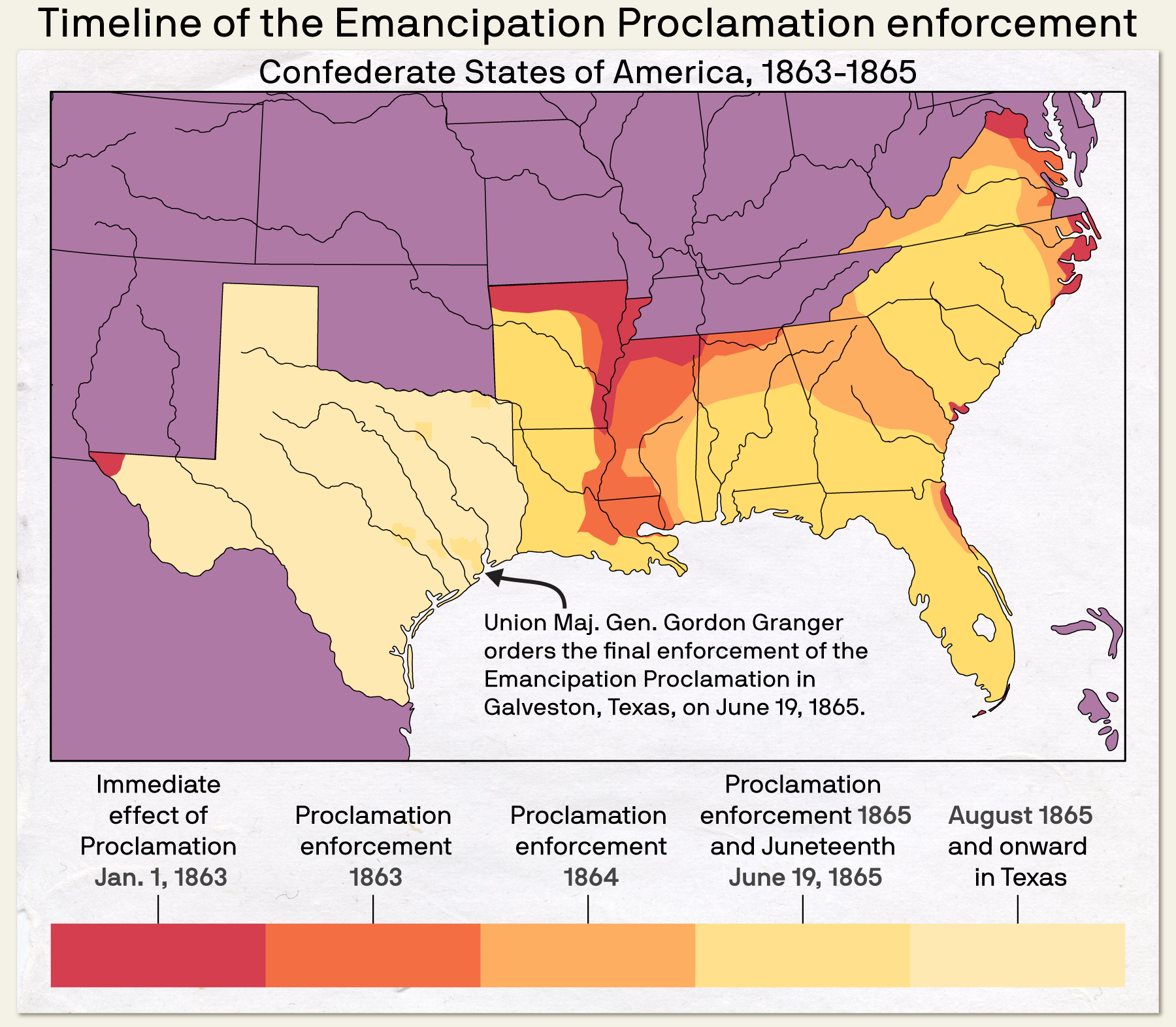 Map of the Confederate States of America in 1863-1865 showing the annual enforcement of the Emancipation Proclamation. Most of the earliest enforcement occurred in the eastern Confederate States. Texas enforcement only occurred from 1865 and onward.