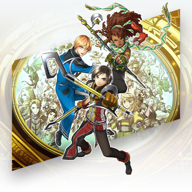 Eiyuden Chronicle: Hundred Heroes key art featuring the characters Nowa, Seign Kesling, and Marisa posing with other characters behind them in an image underneath a lens.