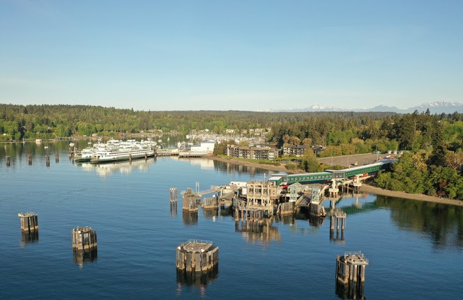 Aerial view of Bainbridge terminal with Eagle Harbor in the background