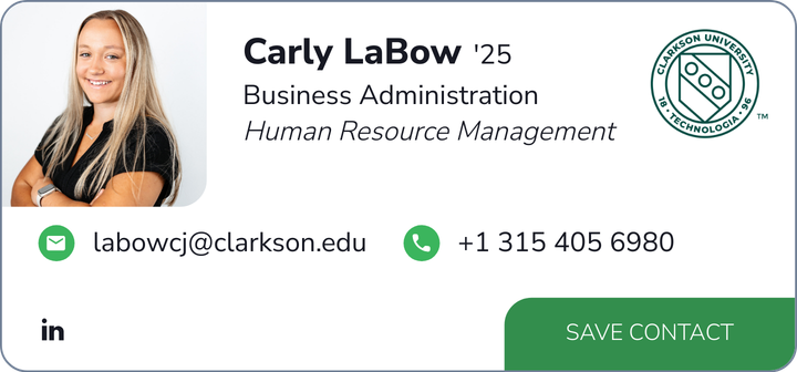 This is Carly LaBow's card. Their email is labowcj@clarkson.edu. Their phone number is +1 315 405 6980.