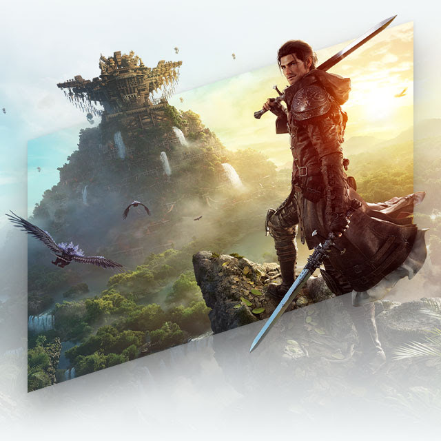 FINAL FANTASY XIV: Dawntrail key art depicting a man in a trench coat wielding two swords while standing on a cliff with a mountaintop temple in the background.