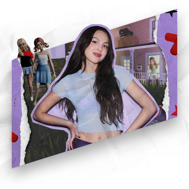 An image of Olivia Rodrigo standing before a home with Roblox characters both inside and on the grassy lawn out front.