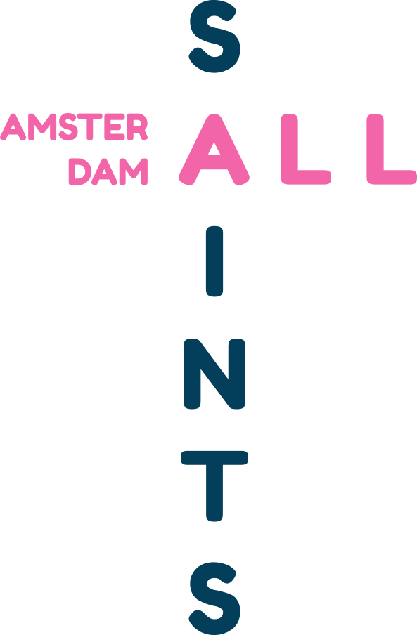 All Saints Amsterdam, the letters forming a pink a dark blue cross