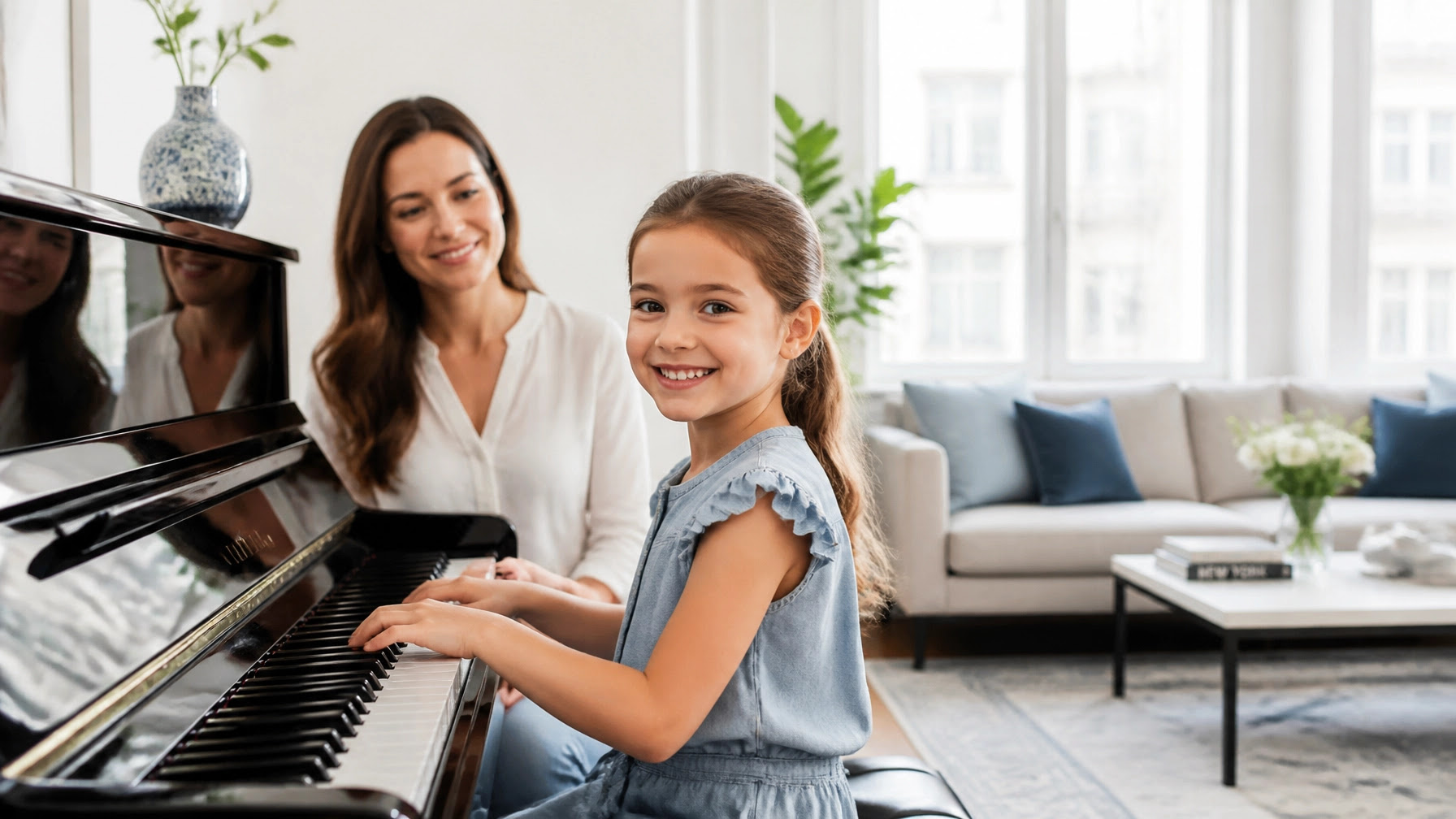 A high-quality, professional, minimalist photo of a young child smiling while playing piano in a bright and airy NYC home, with a supportive parent nearby, natural lighting, and soft blue accents. A high-quality, professional, minimalist photo of a young child smiling while playing piano in a bright and airy NYC home, with a supportive parent nearby, natural lighting, and soft blue accents.