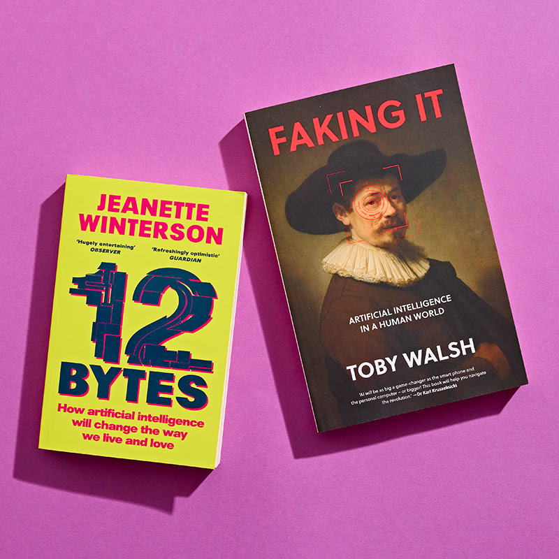 Jeanette Winterson's 12 Bytes and Toby Walsh's Faking It against a purple background.