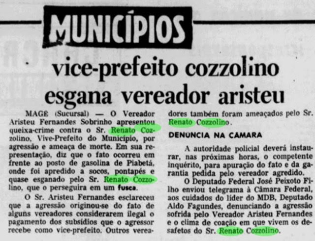 Recorte de jornal acusa o vice-prefeito de agressão e ameaça de morte