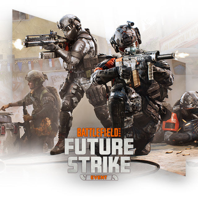 Two soldiers in tactical gear firing futuristic assault firearms between the image of a soldier pointing at intel and a soldier lying prone. Battlefield 2042 Future Strike Event logo overlay.