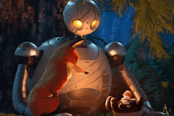 Shot of the wild robot holding a little bird next to a fox