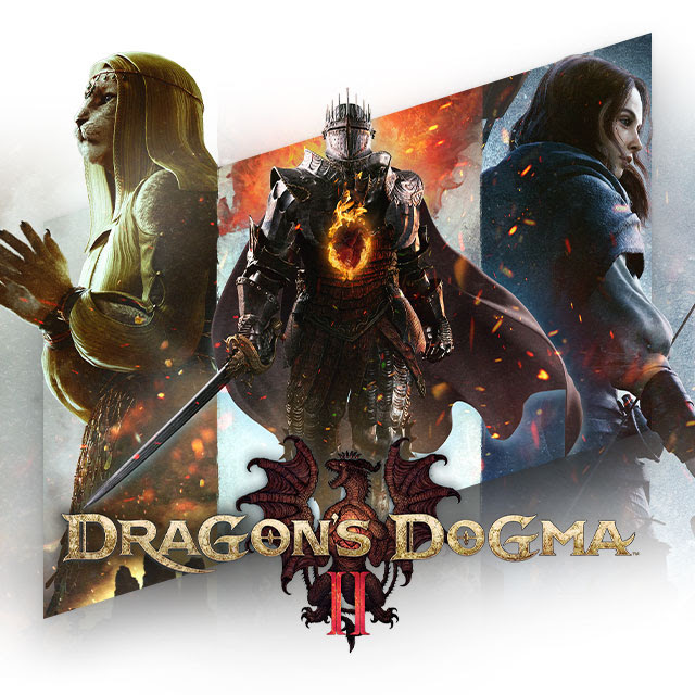 Dragon’s Dogma II key art depicting the Arisen hero character wearing medieval knight armor and wielding a sword between images of the cat-like humanoid High Priestess Nadinia and the human archer Ulrika. Dragon’s Dogma II game logo overlay.
