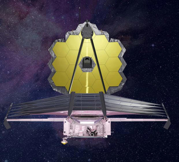 This illustration of the front view of the James Webb Space Telescope shows its sun shield and golden mirrors. NASA/ESA/CSA/Northrop Grumman