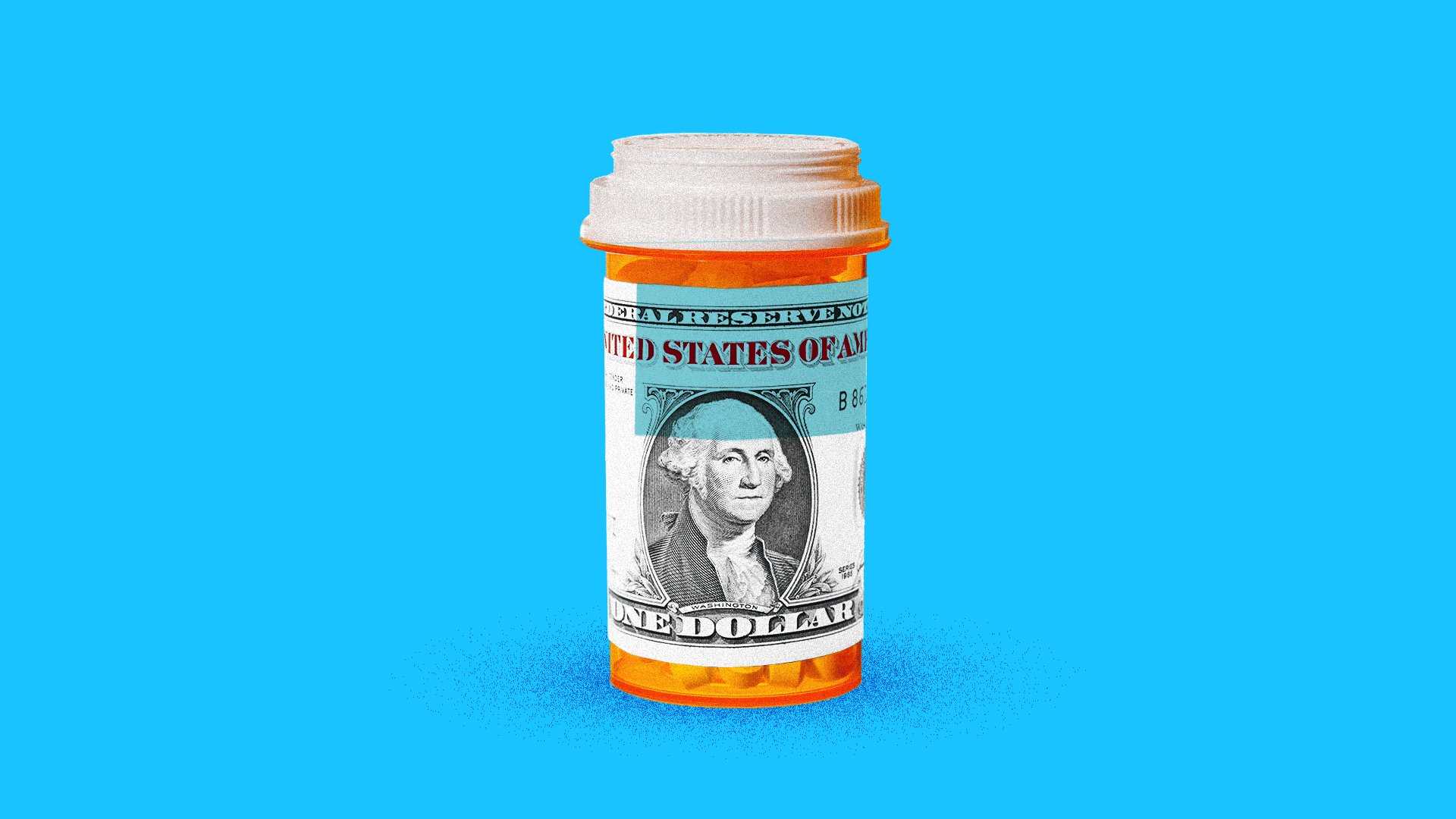 Illustration of a prescription pill bottle with a black and white dollar bill as the label.