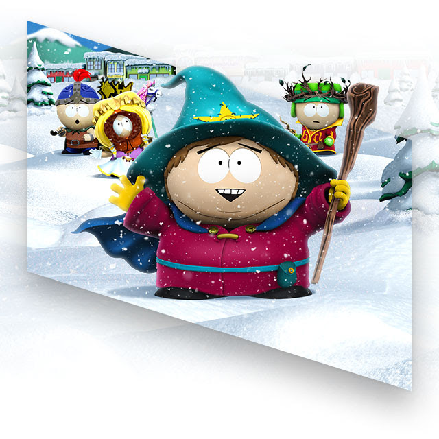 South Park: Snow Day! key art depicting the characters Cartman, Stan, Kyle, and Kenny standing in a snowy field wearing medieval fantasy costumes.