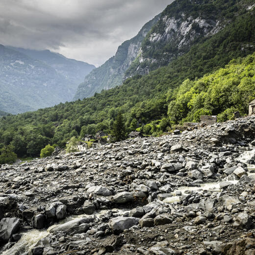 A massive landslide and destroyed houses in Fontana, Val Bavona, in the Maggia Valley, near Cevio, southern Switzerland, in this picture taken on Sunday June 30, 2024. Severe storms and torrential rain over the weekend left three people dead in Switzerland's Val Maggia and its side valleys in Ticino. According to the cantonal police on Monday evening, five people are still missing. (KEYSTONE/Michael Buholzer).