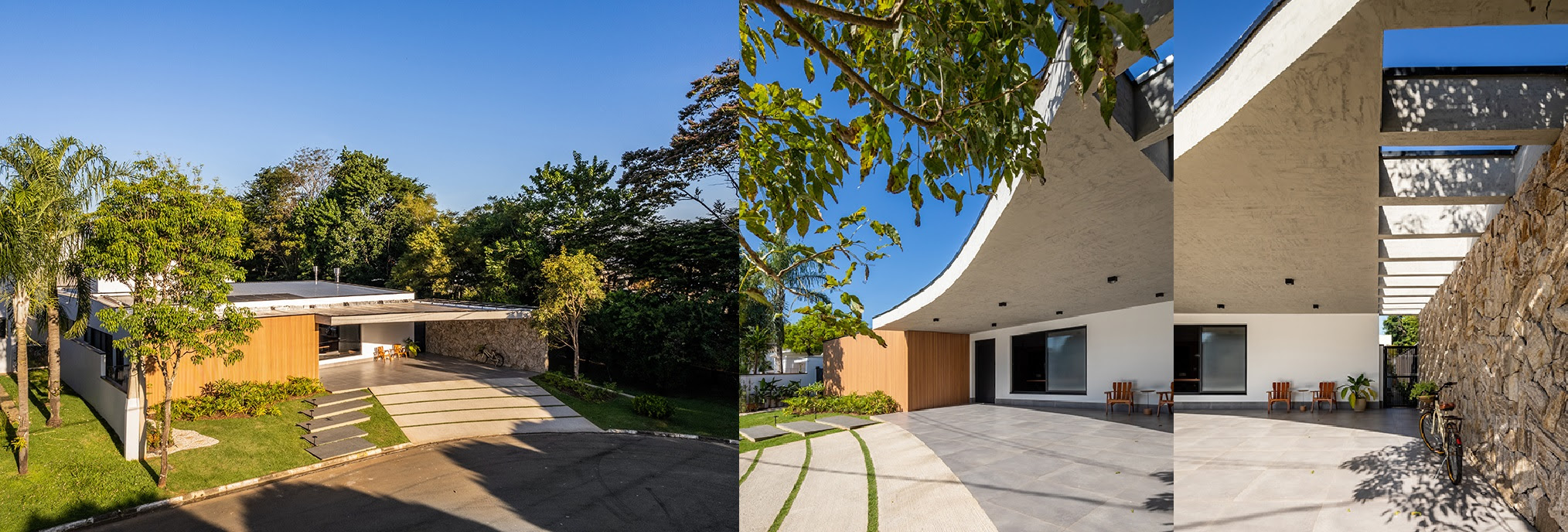 A fachada da residência projetada pelo arquiteto Pietro Terlizzi, é composta por concreto armado com uma curvatura especial que segue a rua sem saída e que se estende até o pergolado que termina no muro da garagem | Fotos: Guilherme Pucci