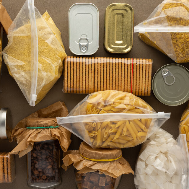 An overhead image of pantry goods, including granola, dried pasta, crackers, and canned goods.