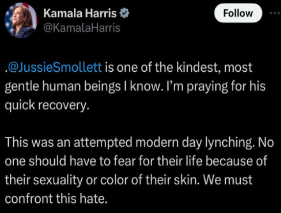 Kamala Harris tweet priasing the brave JUssie Smollett.