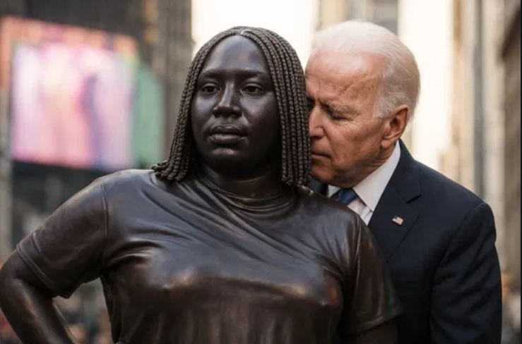 Biden sniffing hair on statue.