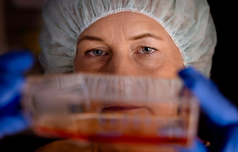 Close up view of Dr Malin Parmar looking at a sample.