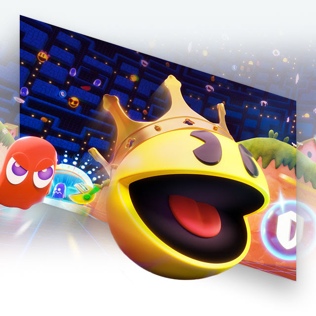PAC-MAN Mega Tunnel Battle: Chomp Champs key art featuring PAC-MAN wearing a crown while being chased by ghosts with numerous mazes in the background.
