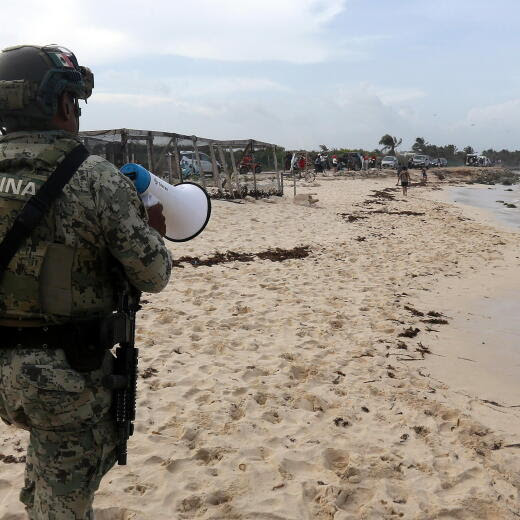 epa11458091 Navy soldiers patrol the beaches due to the approach of hurricane Beryl, in the municipality of Felipe Carrillo Puerto, Mexico, 04 July 2024. Five municipalities on the coast of the state of Quintana Roo, Mexican Caribbean, were declared in red alert, that is, 'maximum danger' due to the approach of hurricane Beryl, classified currently as a category 2 on the Saffir-Simpson scale, informed the governor of the state, Mara Lezama. EPA/Alonso Cupul