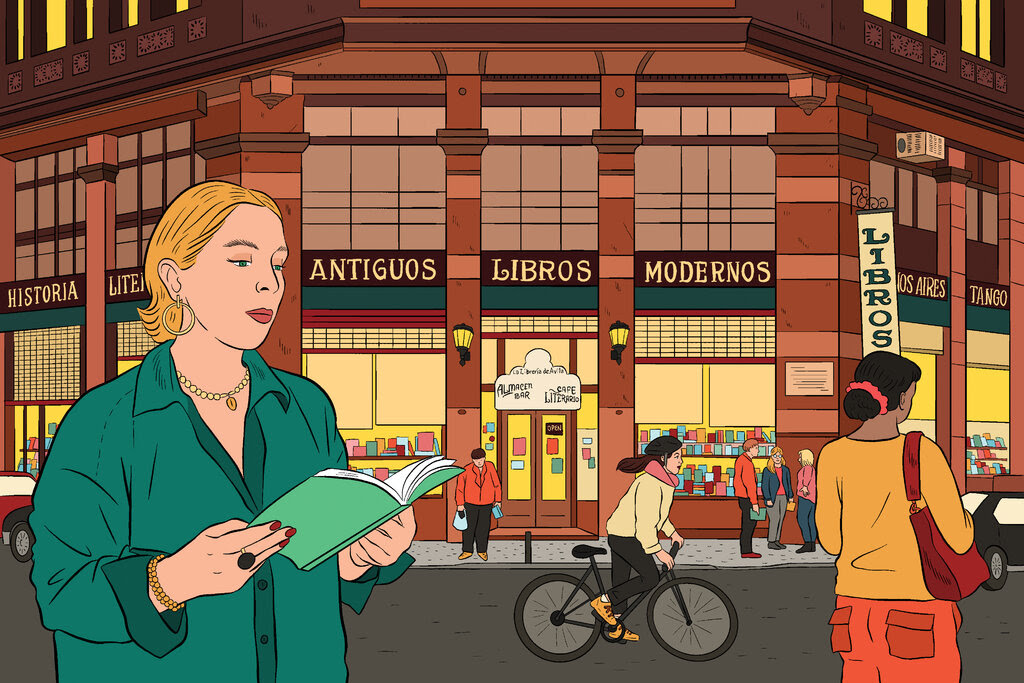 The illustration shows a woman in an oversized green button-down shirt and gold jewelry reading a book with a green cover on a street at night, in front of a large bookstore with well-lit windows.