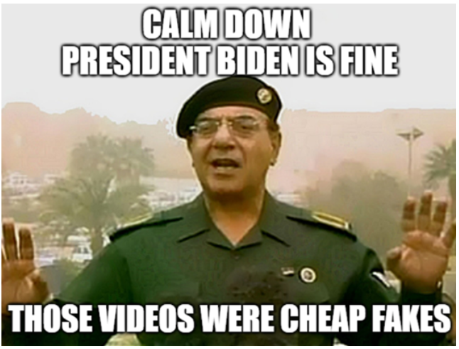 Meme showing Bagdad Bob covering for Biden.