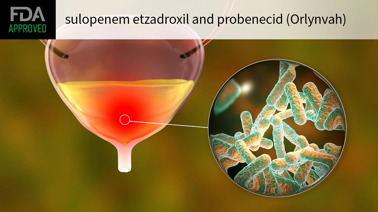 FDA APPROVED sulopenem etzadroxil and probenecid (Orlynvah) over a computer rendering of a urinary tract infection.