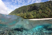 View of a sunny beach with the lense of the camera half submerged in clear blue water, showing reefs along the shore.