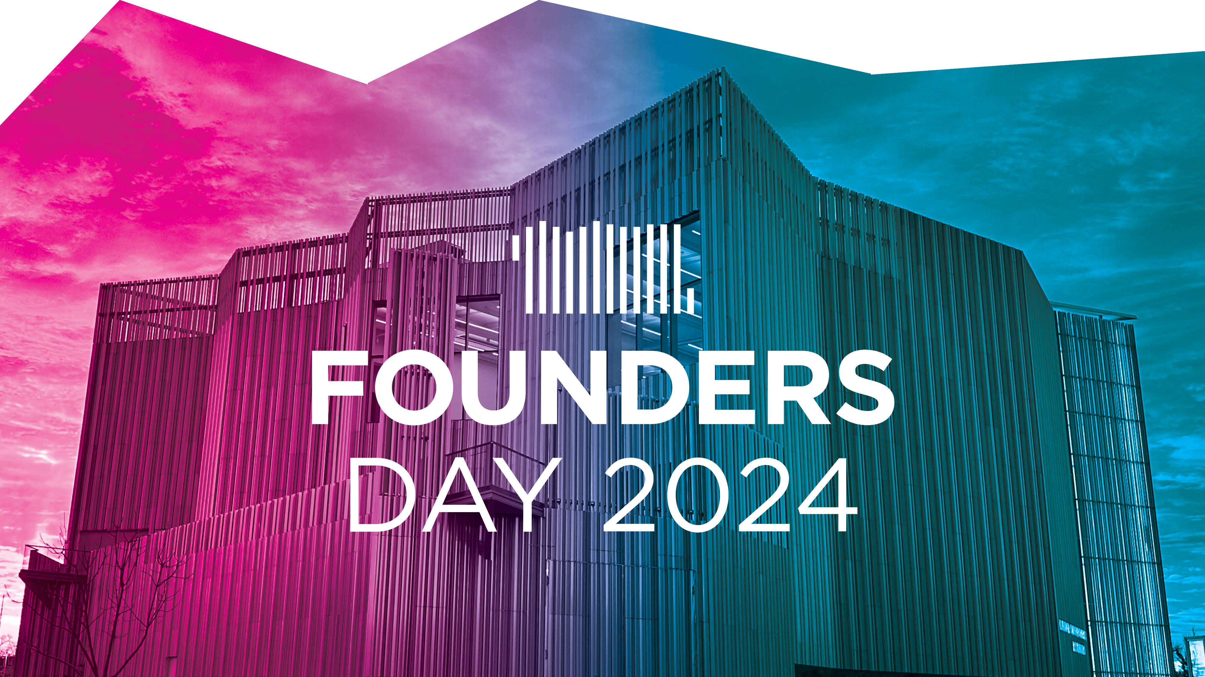 An image of a metal, angular building with a multicolored gradient of green-to-blue ovelay with a logo made of lines and the words Founders Day 2024 superimposed on top.