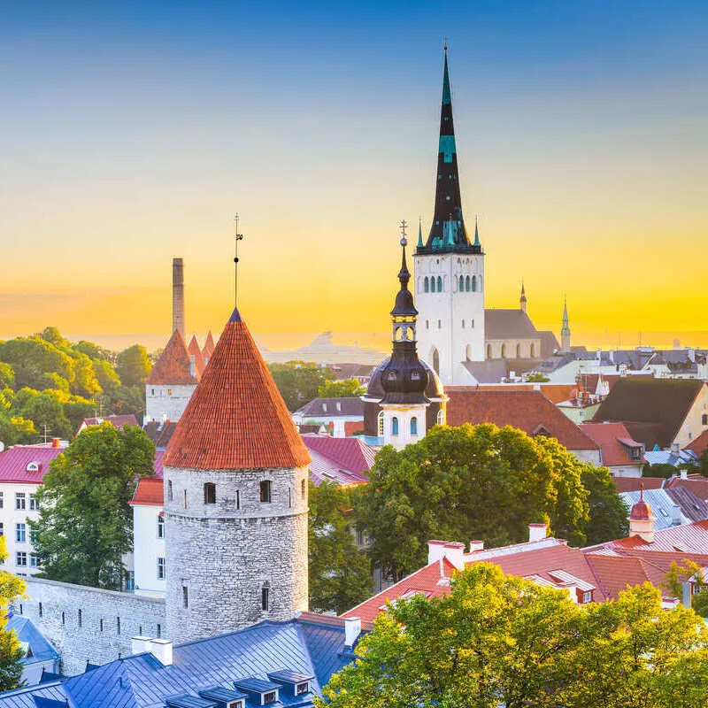 Tallinn Skyline Seen From One Of The Hills Surrounding Tallinn Old Town, Capital City Of Estonia, North Eastern Europe