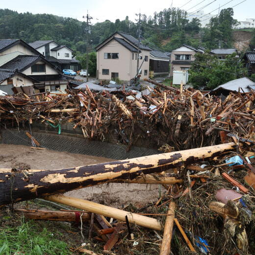 epa11619961 General view of damaged houses by driftwood following floods in Wajima, Ishikawa Prefecture, Japan, 22 September 2024 (issued 23 September 2024). The Japan Meteorological Agency lifted a heavy rain emergency warning for Suzu, Wajima and Noto towns, keeping the ones for landslides and floods after torrential rain hit the area since 21 September. According to the latest reports from Ishikawa prefecture, six people died in the area already devastated by the major New Year's Day's earthquake. EPA/JIJI PRESS JAPAN OUT EDITORIAL USE ONLY